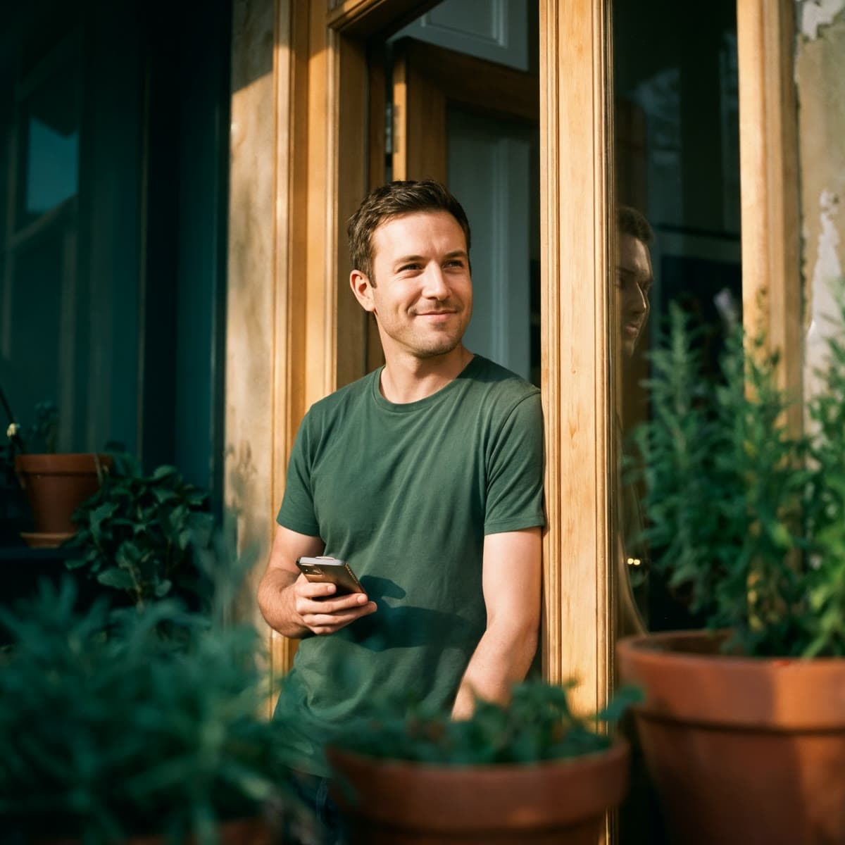 A man leans in a sunlit doorway holding his phone, smiling easily.