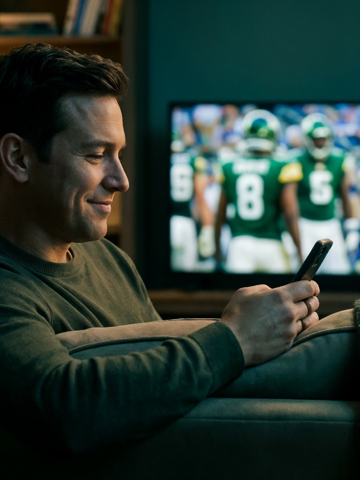 A man relaxes on a living room couch in the evening, glancing at his phone with a satisfied smile while a football game plays softly on the TV behind him.