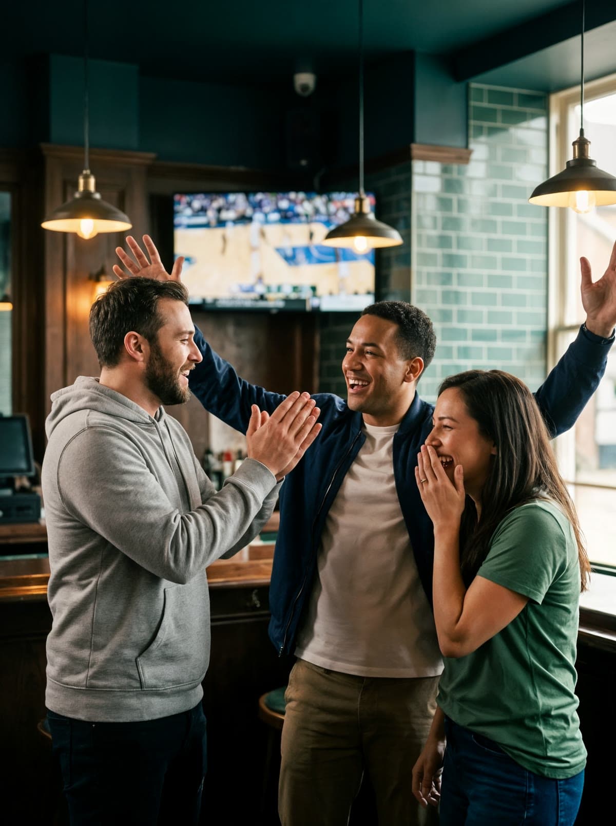 Three friends celebrate together at a neighborhood sports bar, laughing with arms raised.