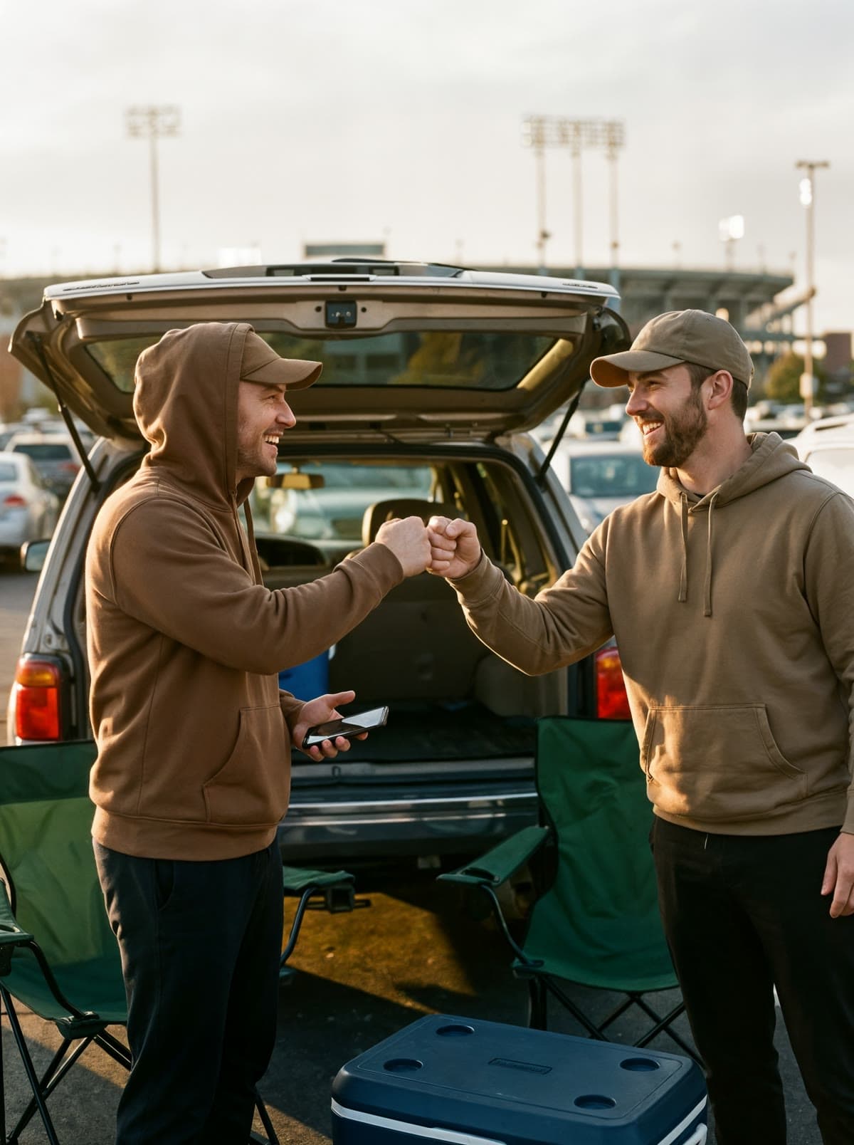 Two friends fist-bump at a golden-hour tailgate behind an open SUV, stadium lights in the distance.