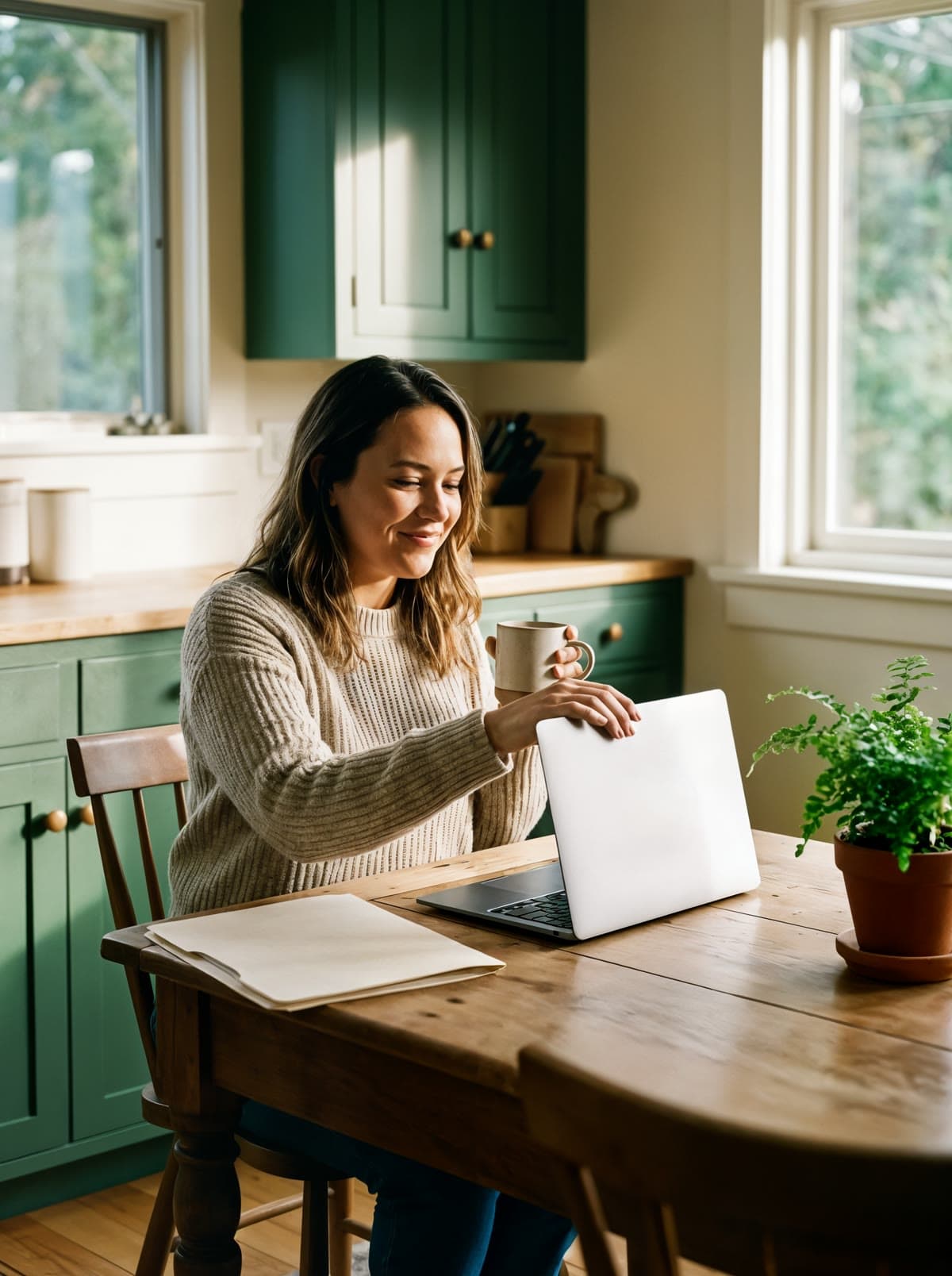A woman at a sunlit kitchen table closes her laptop with a relieved smile, coffee in hand, a neat folder beside her.