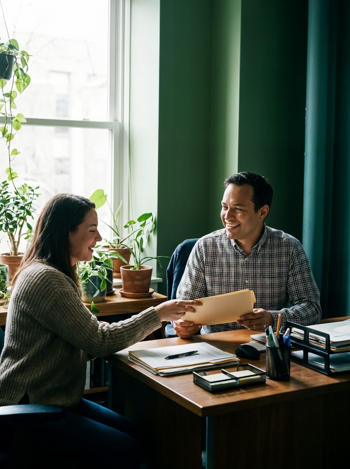 A client and his accountant smile across a bright office desk as she hands him a neatly organized folder.